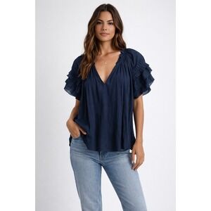 Evereve Navy Blue Smocked Flutter Sleeve Top Womens Large Boho Casual Blouse